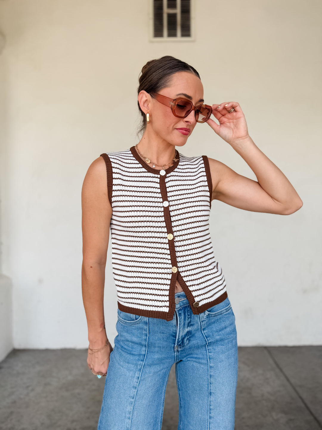The Sloane Striped Knit Button Vest - Brown