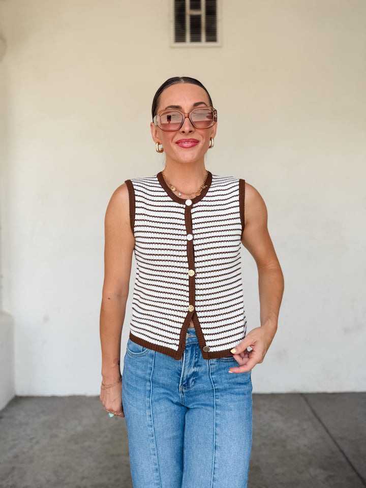 The Sloane Striped Knit Button Vest - Brown