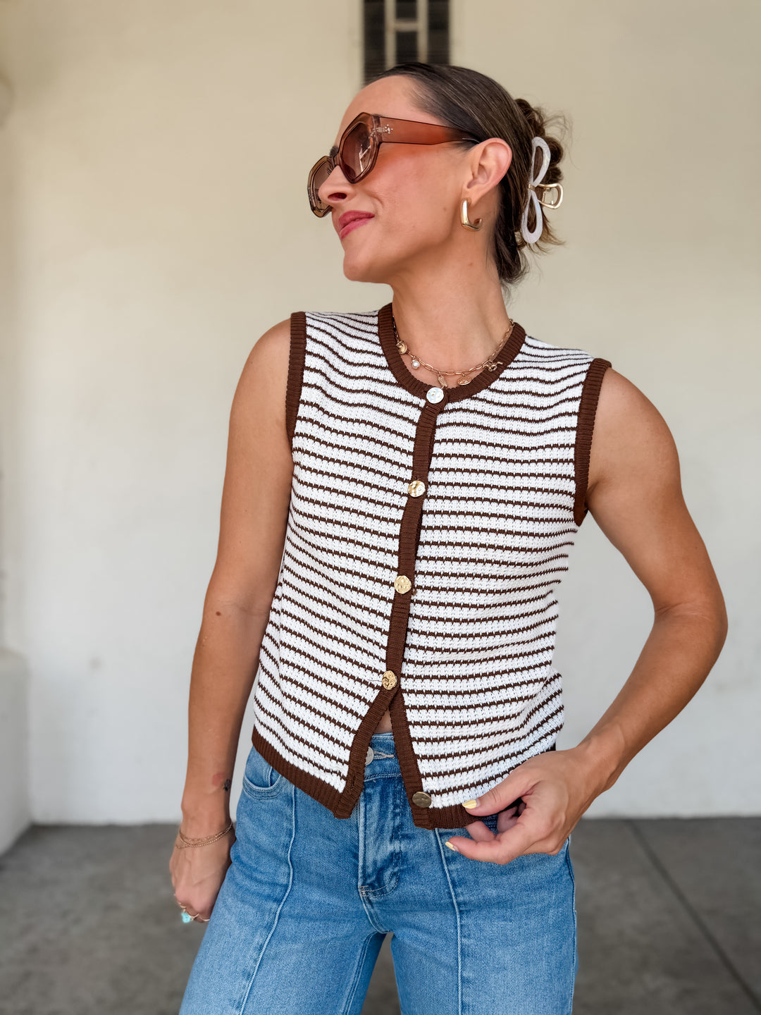 The Sloane Striped Knit Button Vest - Brown