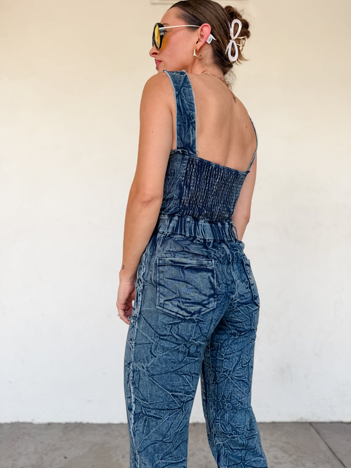 The Stella Denim Crinkle Jumpsuit