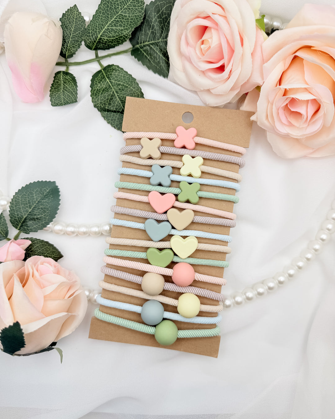 Pastel Charm Bead Bracelet Hair Tie Set