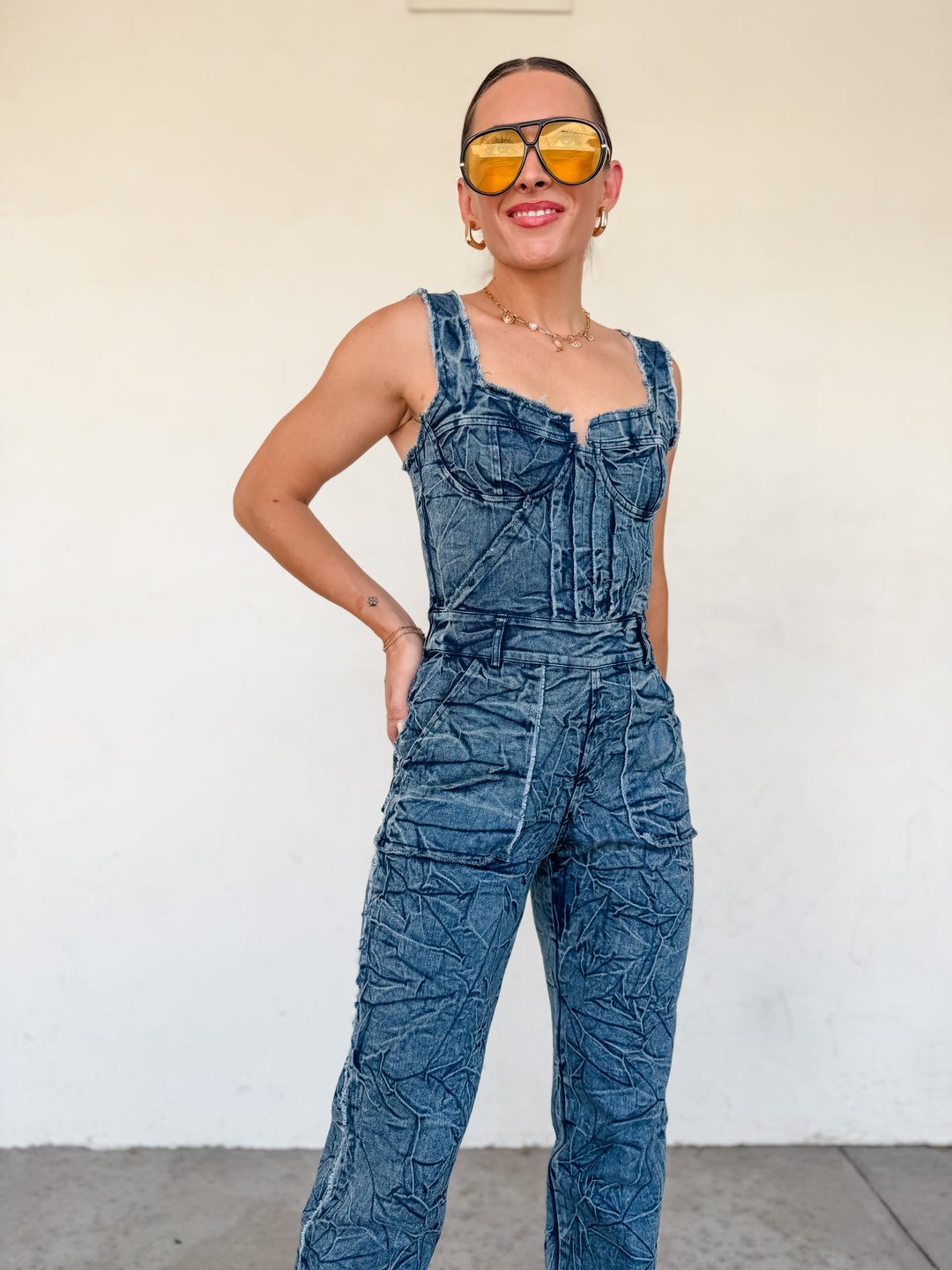 The Stella Denim Crinkle Jumpsuit