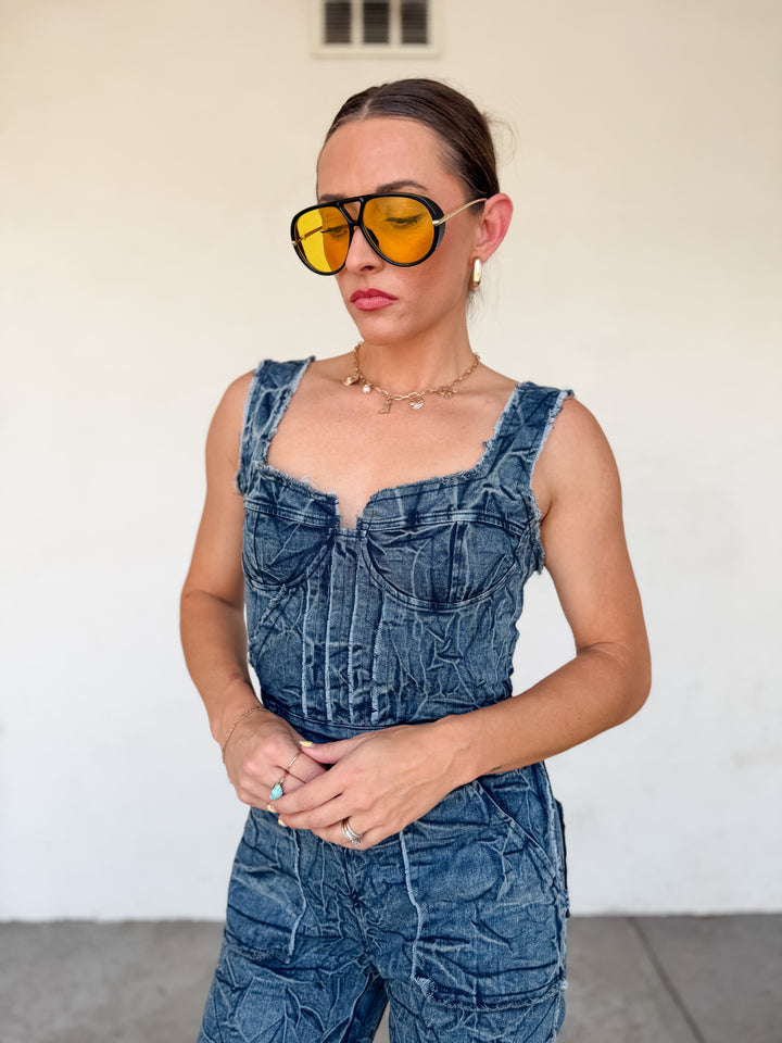 The Stella Denim Crinkle Jumpsuit