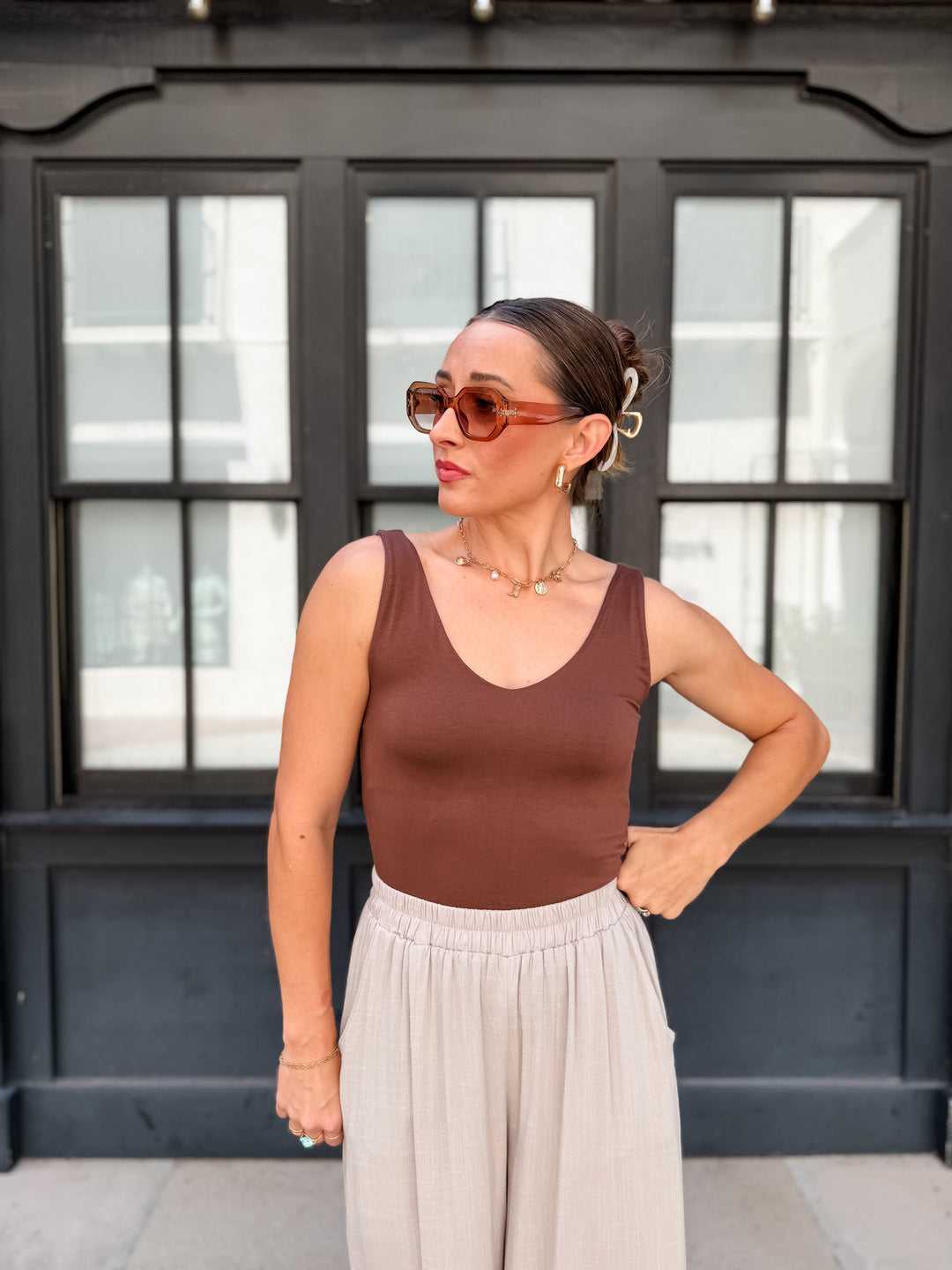 The Nicolette V-Neck Tank - Brown