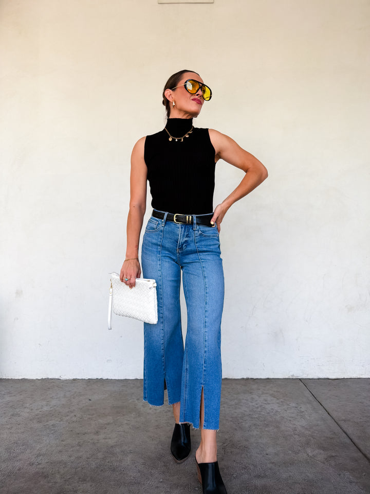 The Evie High Neck Ribbed Sweater Tank - Black