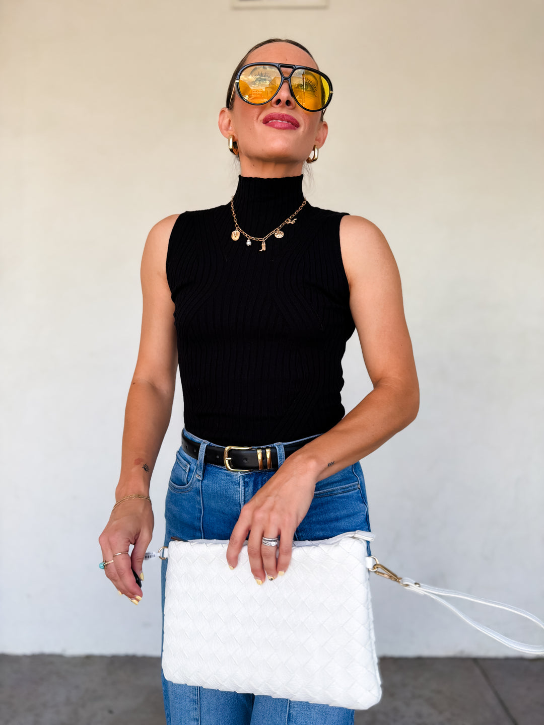 The Evie High Neck Ribbed Sweater Tank - Black