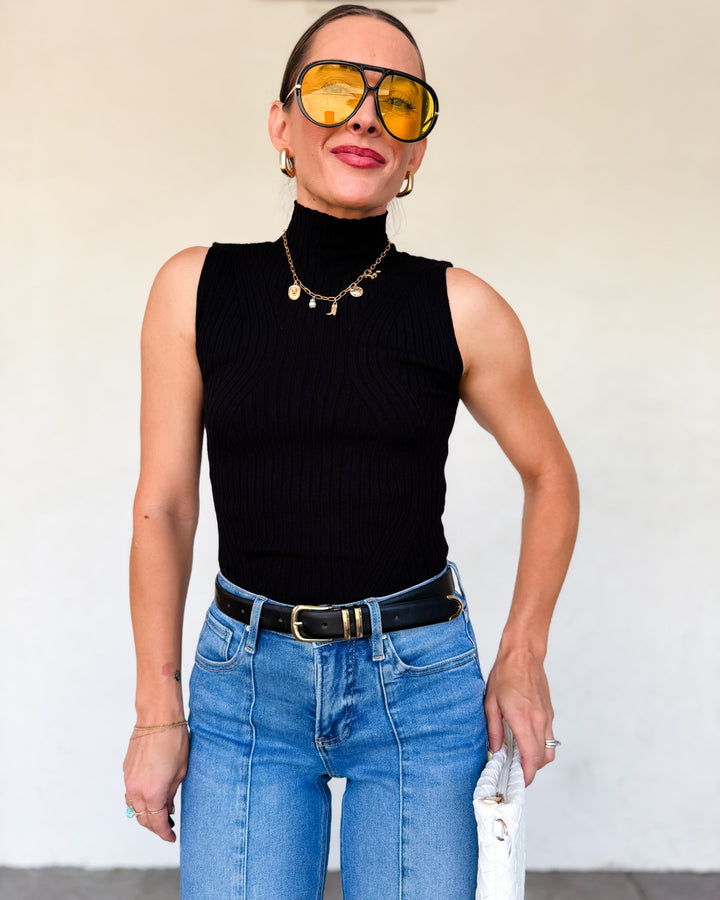The Evie High Neck Ribbed Sweater Tank - Black