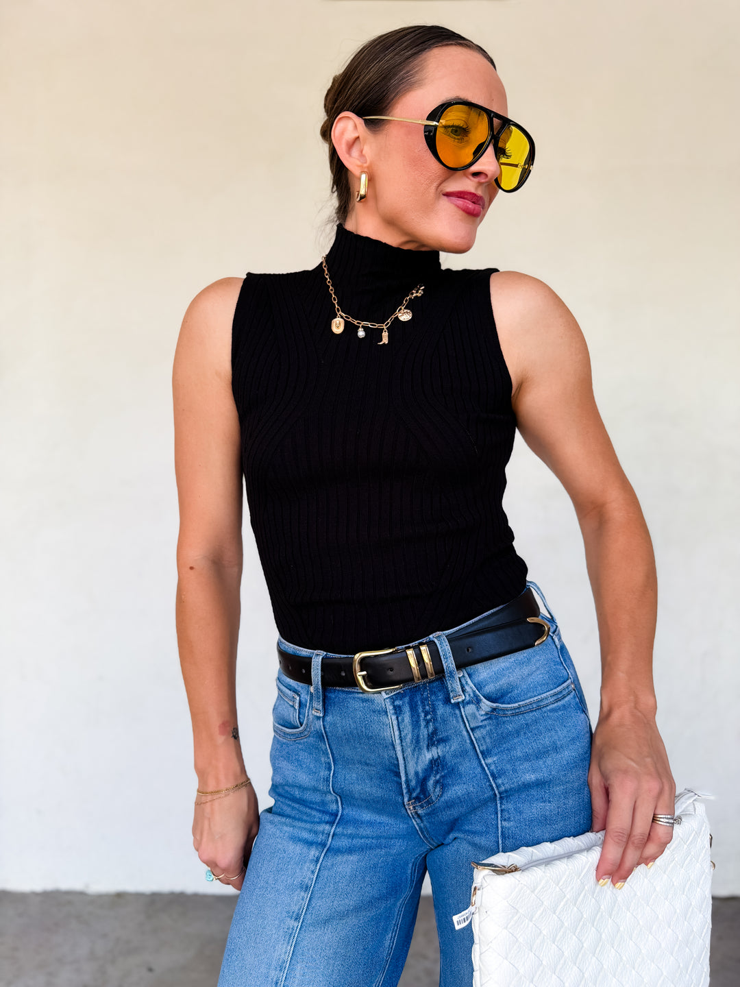 The Evie High Neck Ribbed Sweater Tank - Black