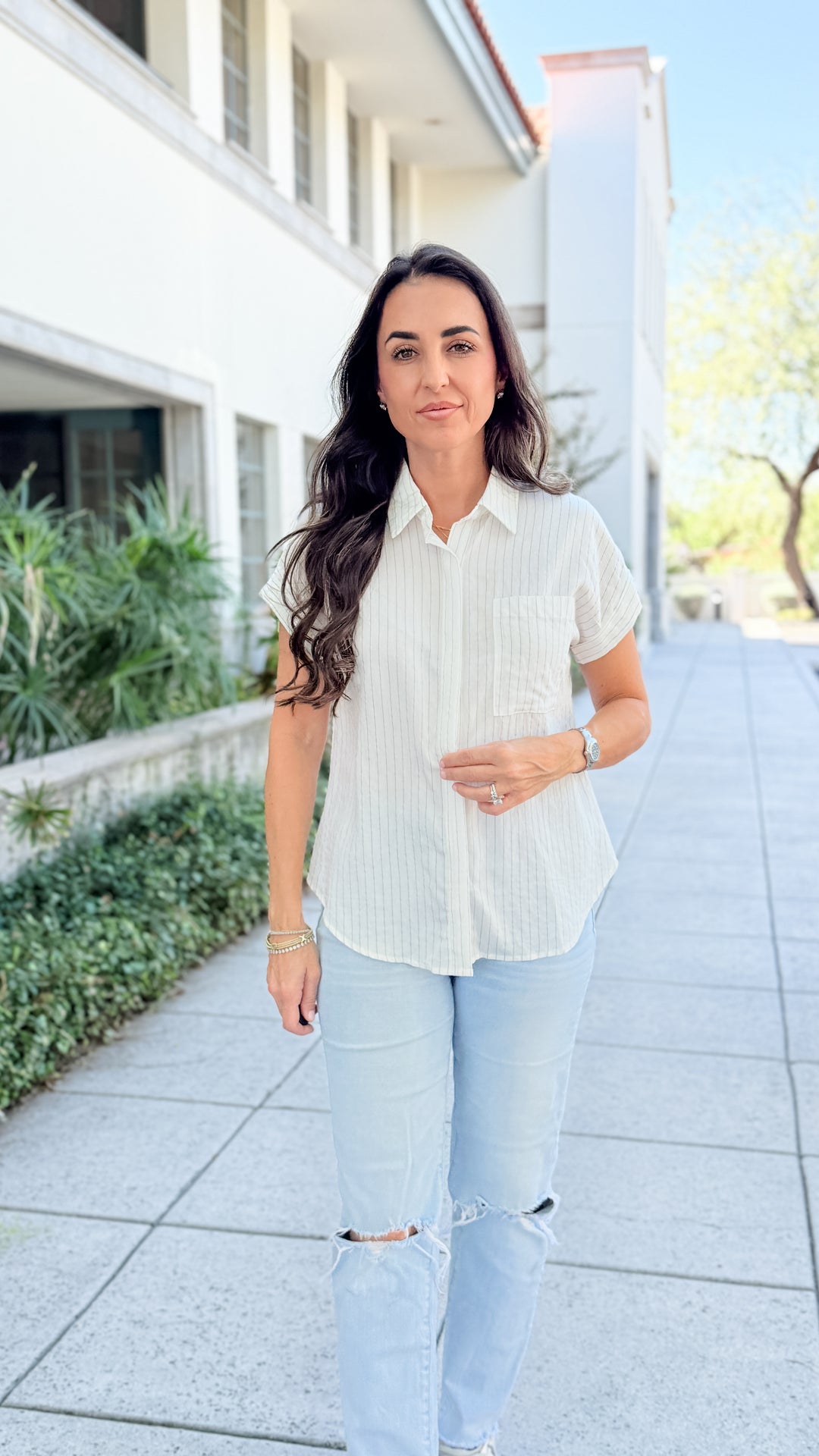 The Clarice Pinstriped Short Sleeve Top