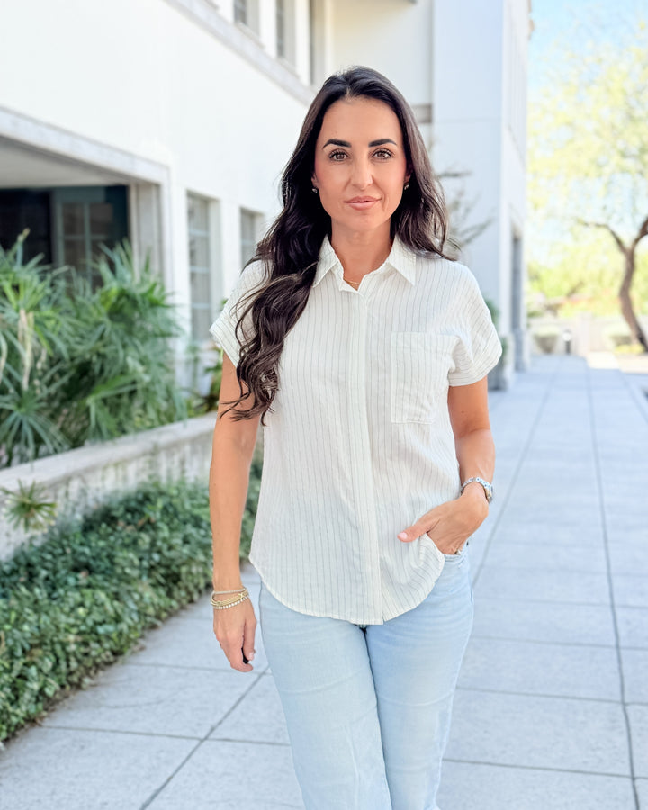 The Clarice Pinstriped Short Sleeve Top