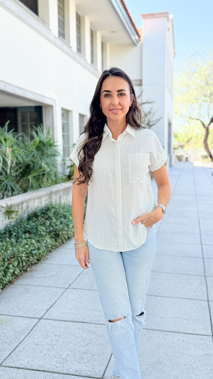 The Clarice Pinstriped Short Sleeve Top