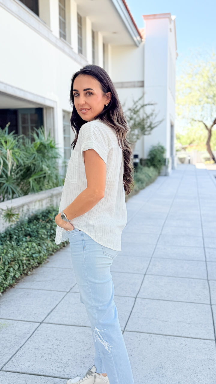 The Clarice Pinstriped Short Sleeve Top