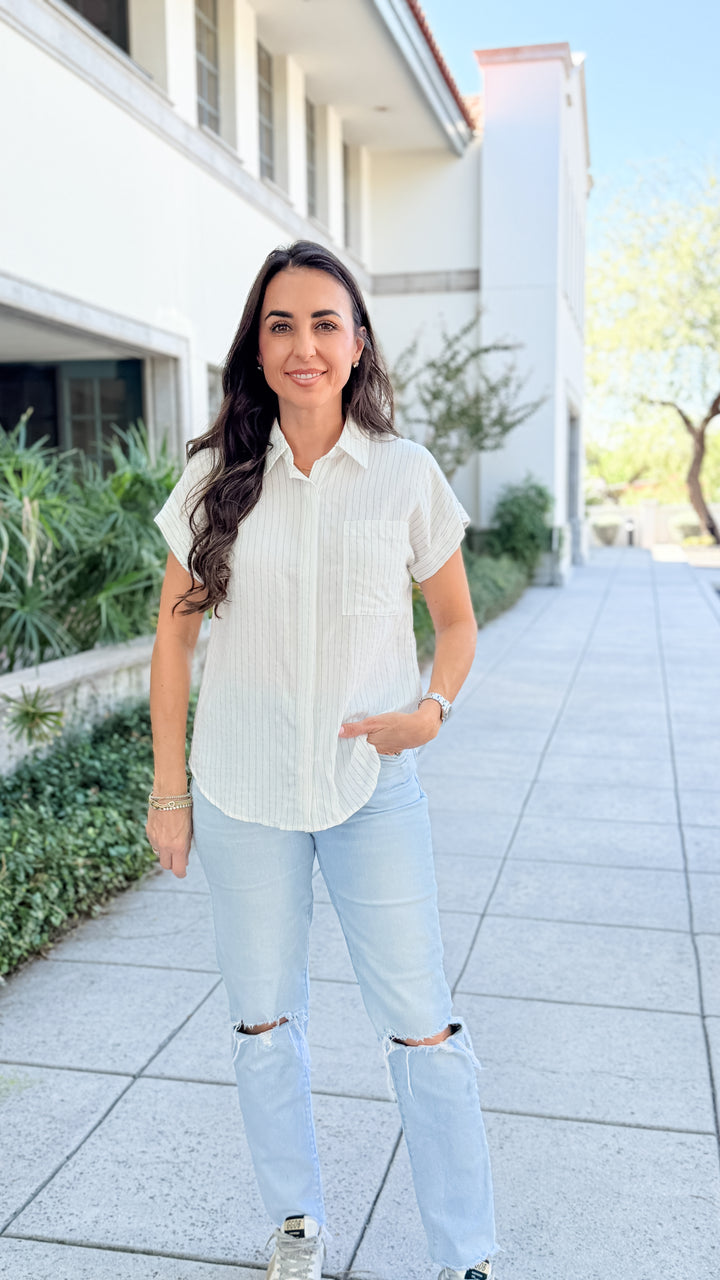 The Clarice Pinstriped Short Sleeve Top