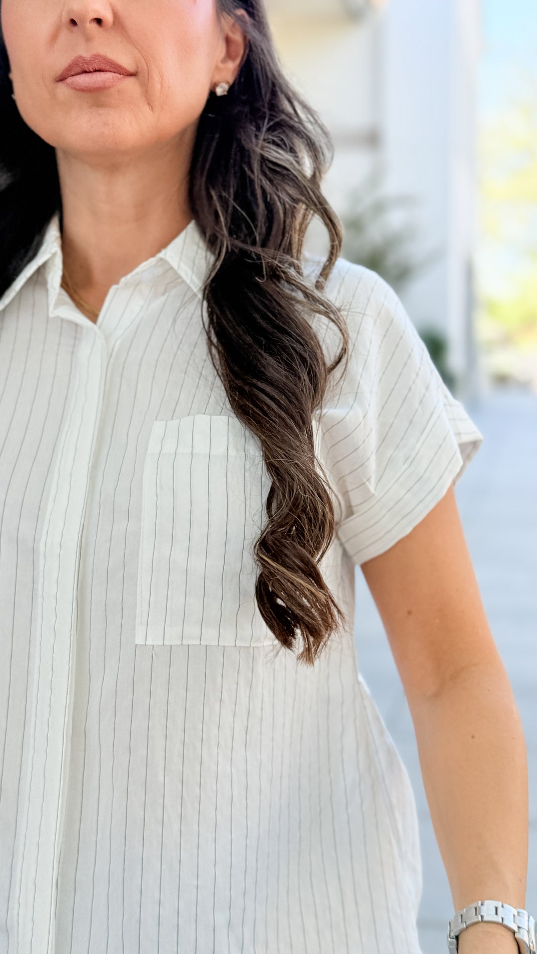 The Clarice Pinstriped Short Sleeve Top