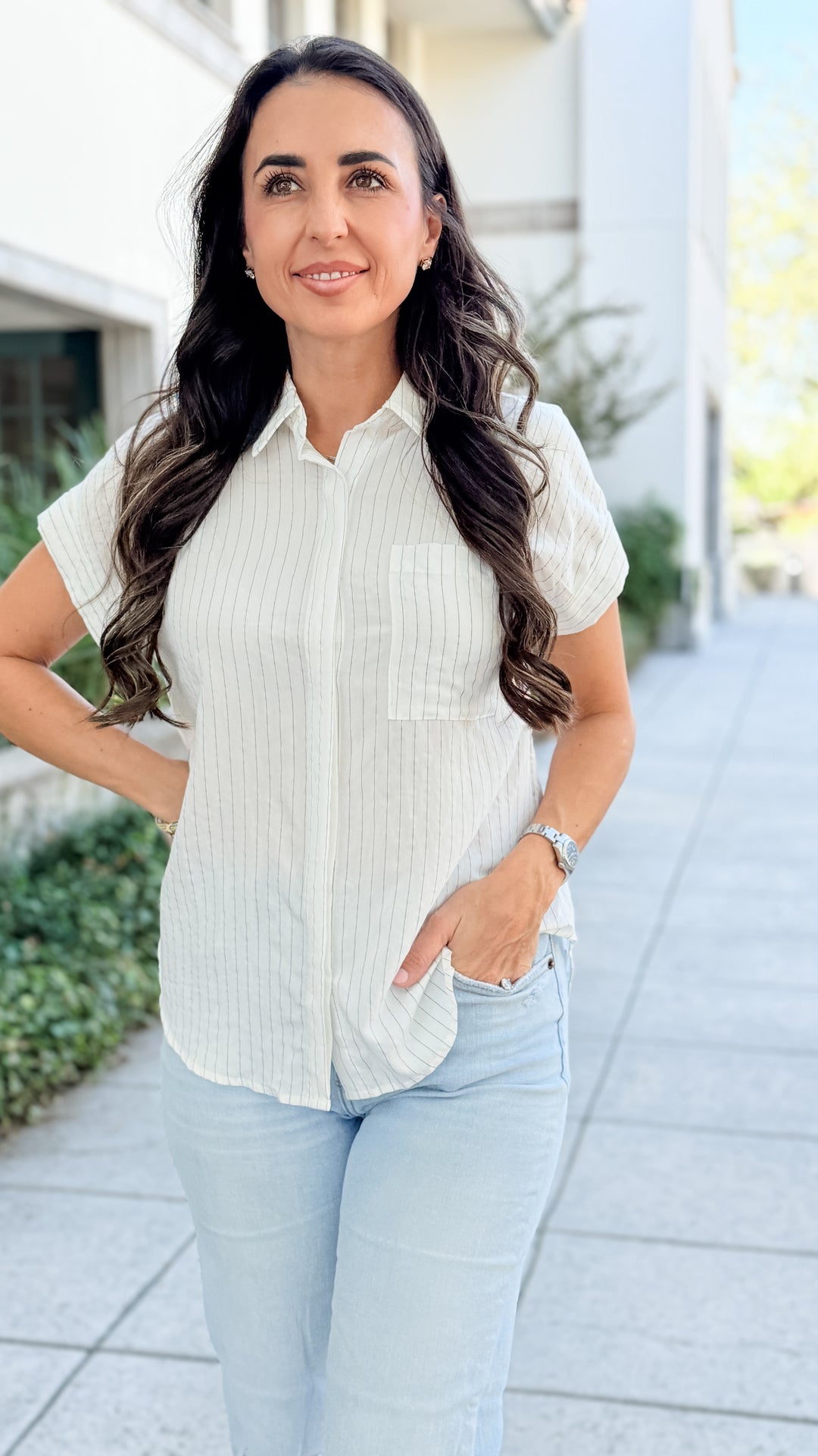 The Clarice Pinstriped Short Sleeve Top