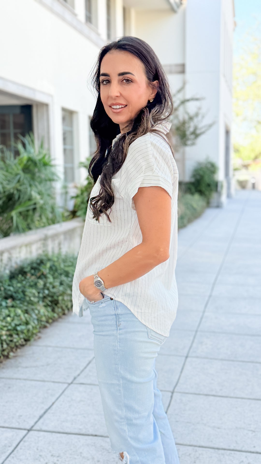 The Clarice Pinstriped Short Sleeve Top