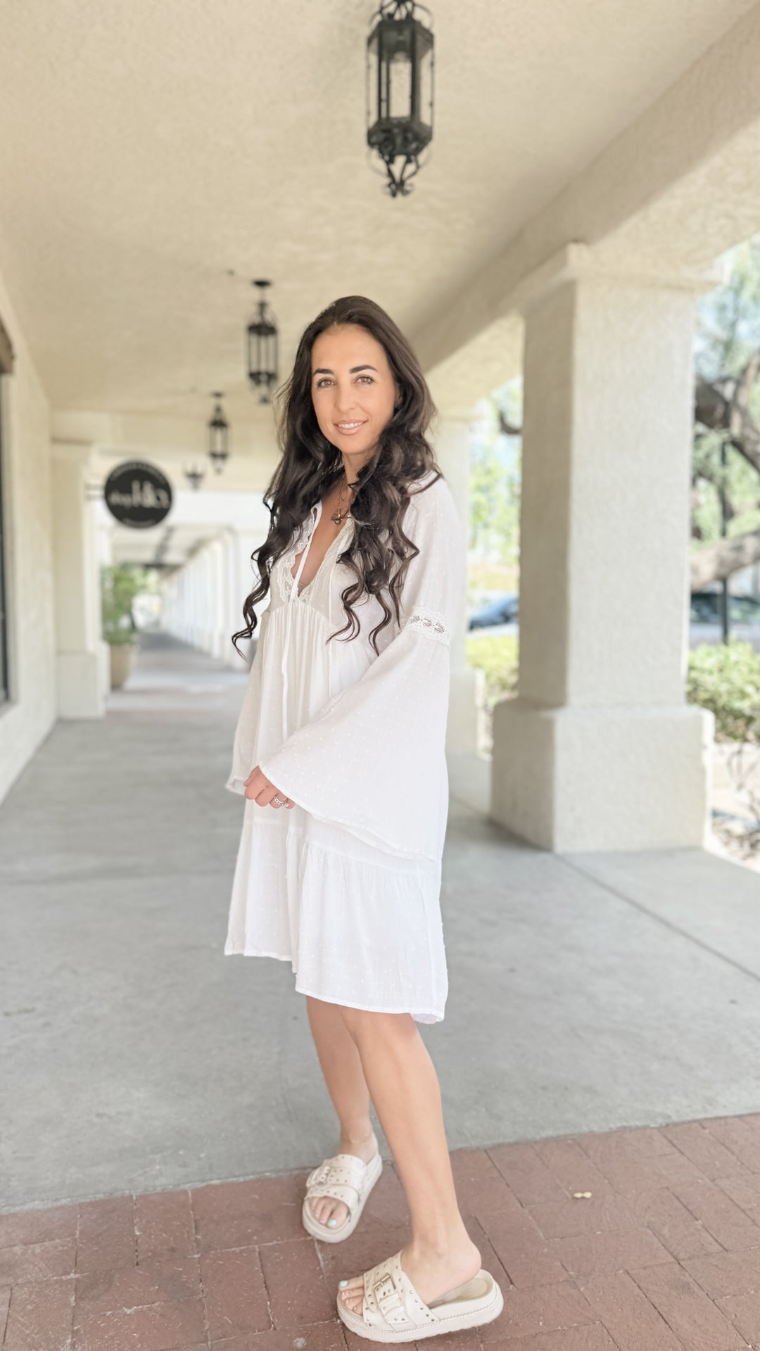 The Lace Trimmed Bell Sleeve Babydoll Dress