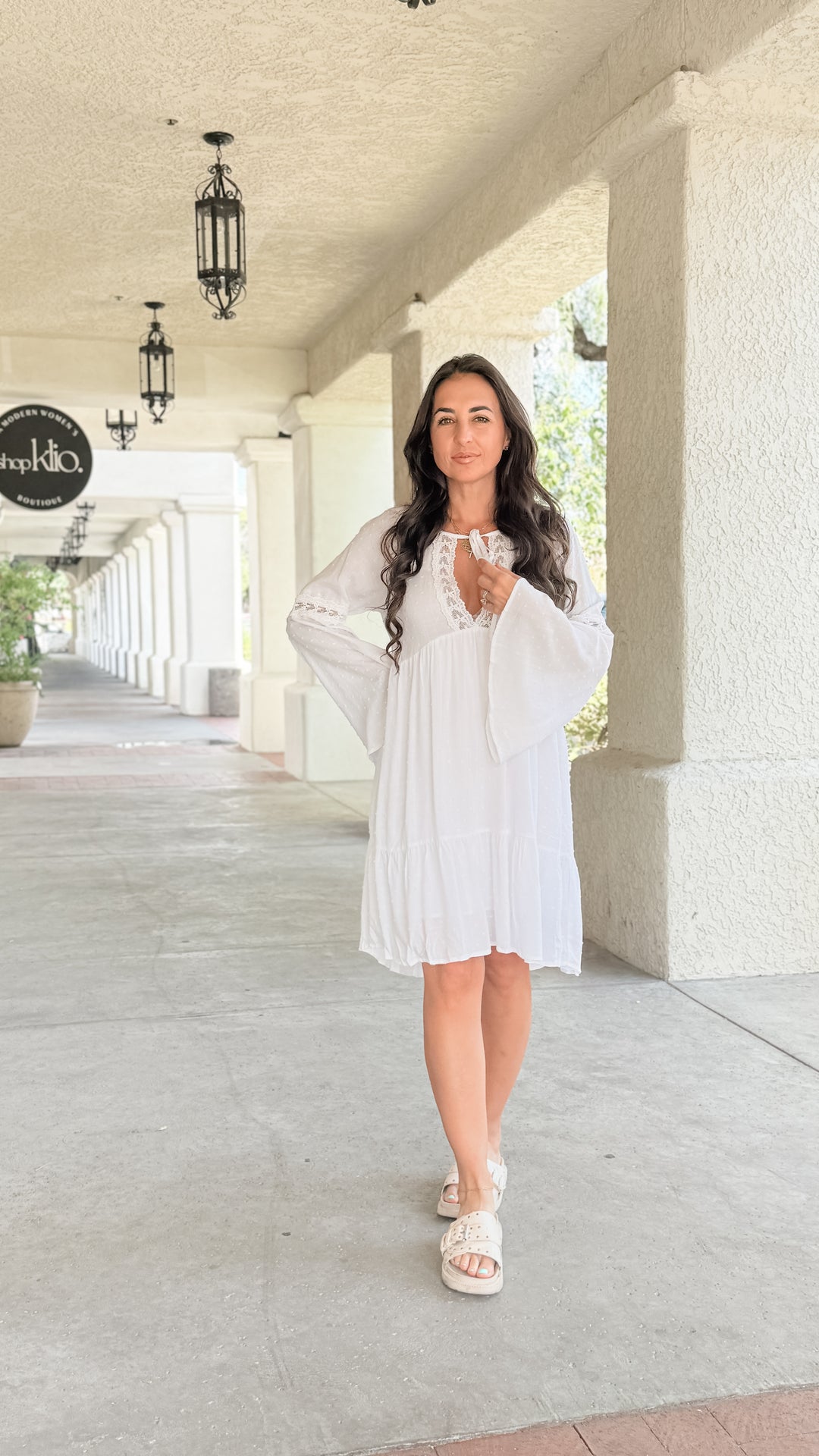 The Lace Trimmed Bell Sleeve Babydoll Dress