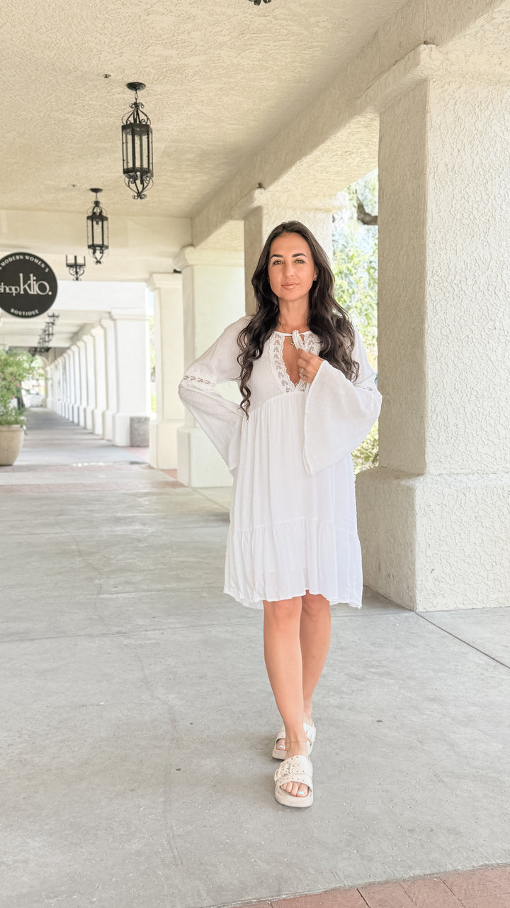 The Lace Trimmed Bell Sleeve Babydoll Dress