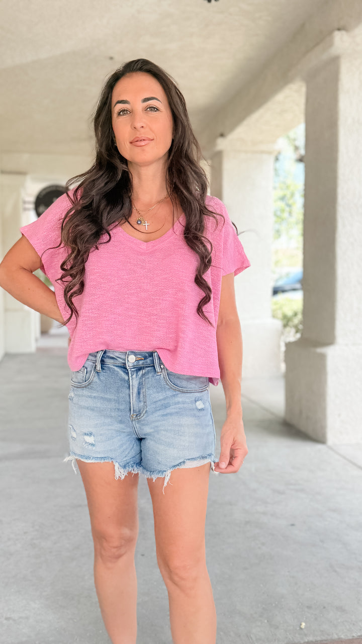The Rylee V-Neck Light Knit Top - Candy Pink