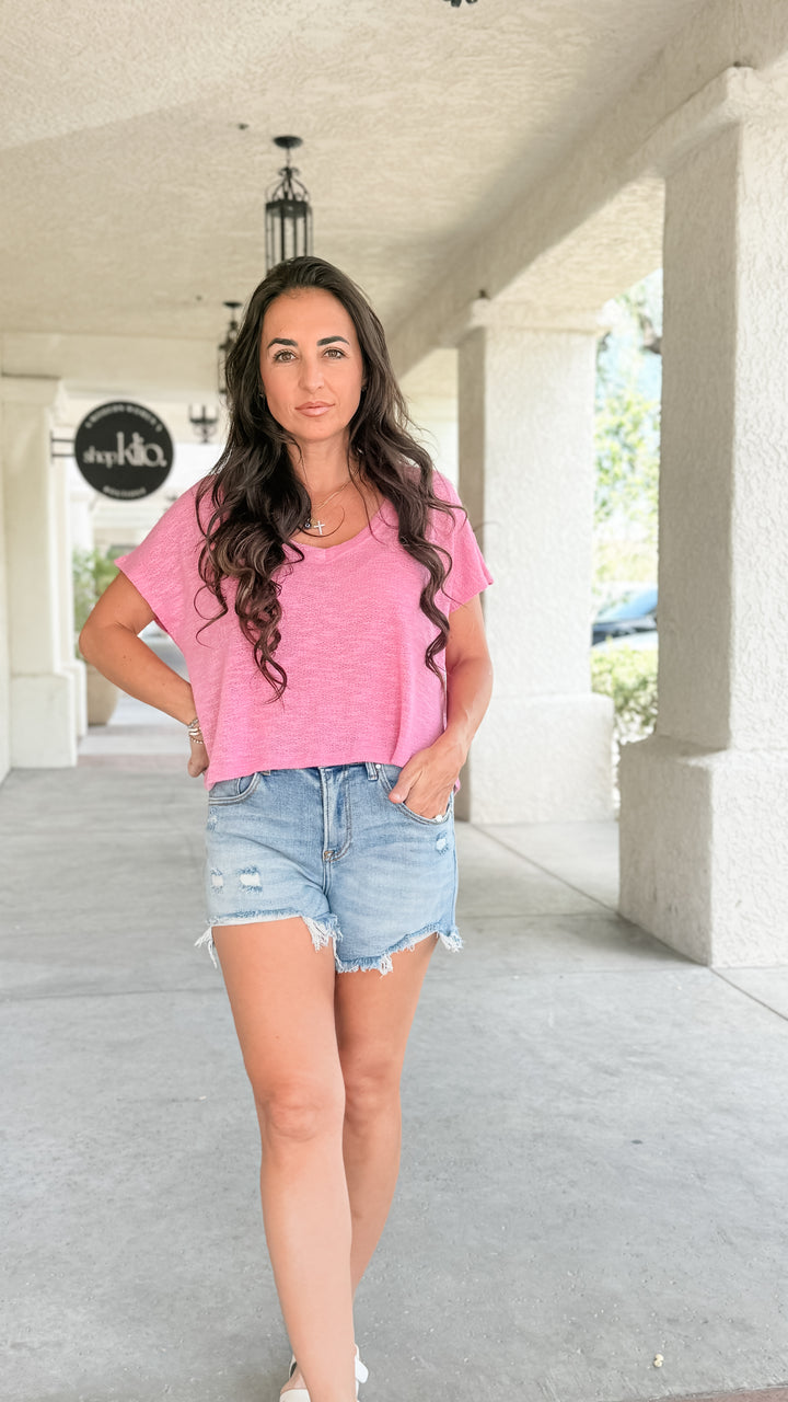 The Rylee V-Neck Light Knit Top - Candy Pink