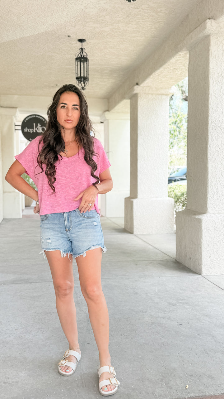 The Rylee V-Neck Light Knit Top - Candy Pink