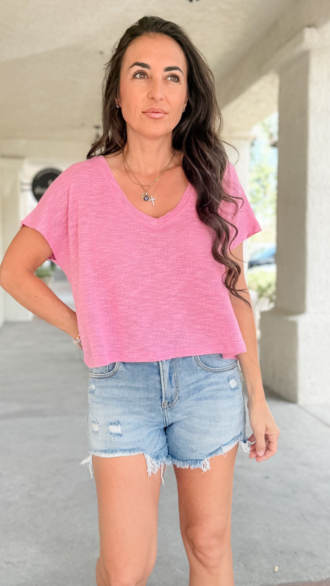The Rylee V-Neck Light Knit Top - Candy Pink