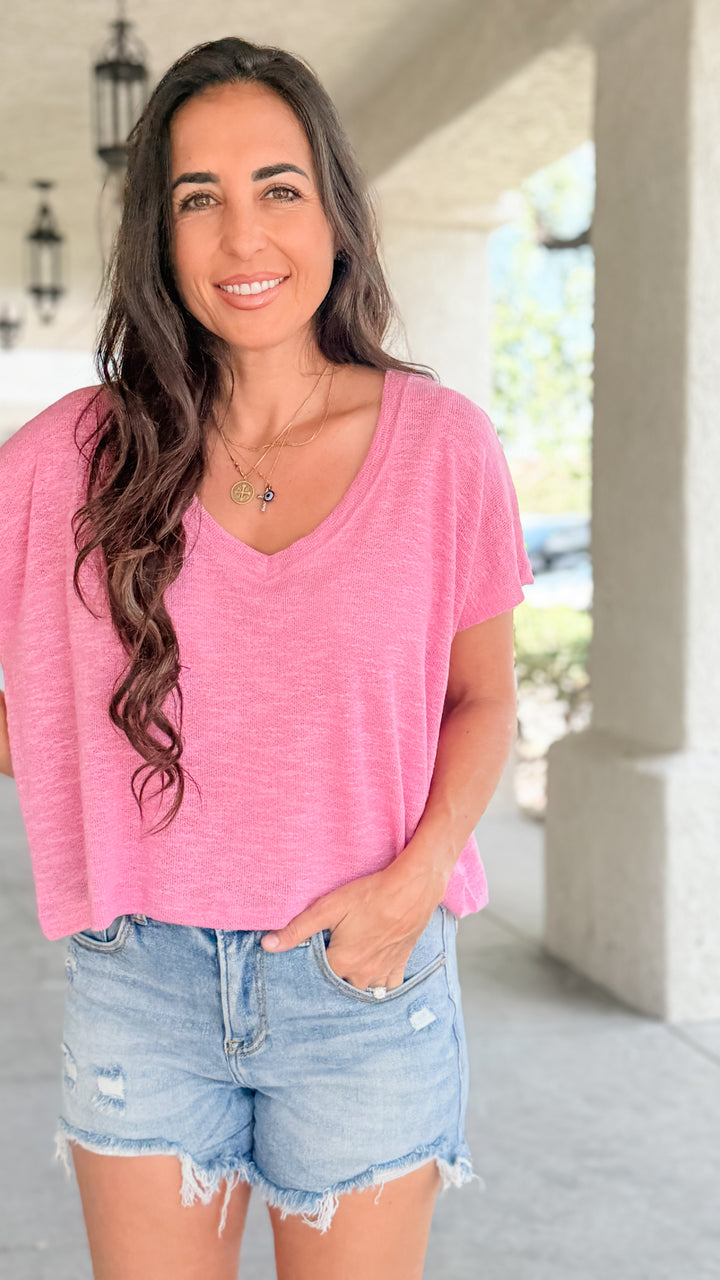 The Rylee V-Neck Light Knit Top - Candy Pink