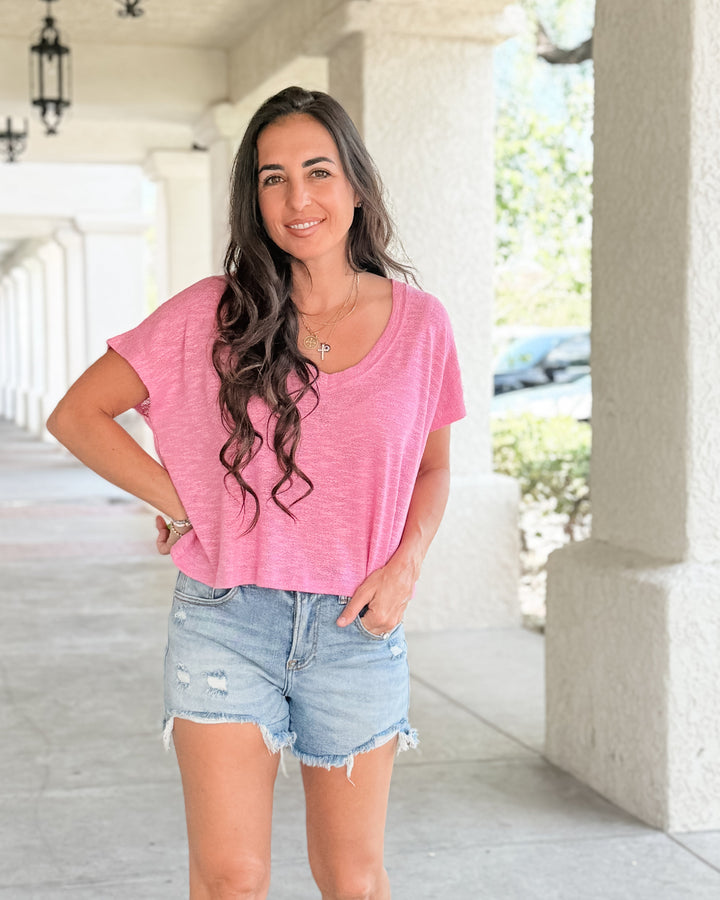 The Rylee V-Neck Light Knit Top - Candy Pink