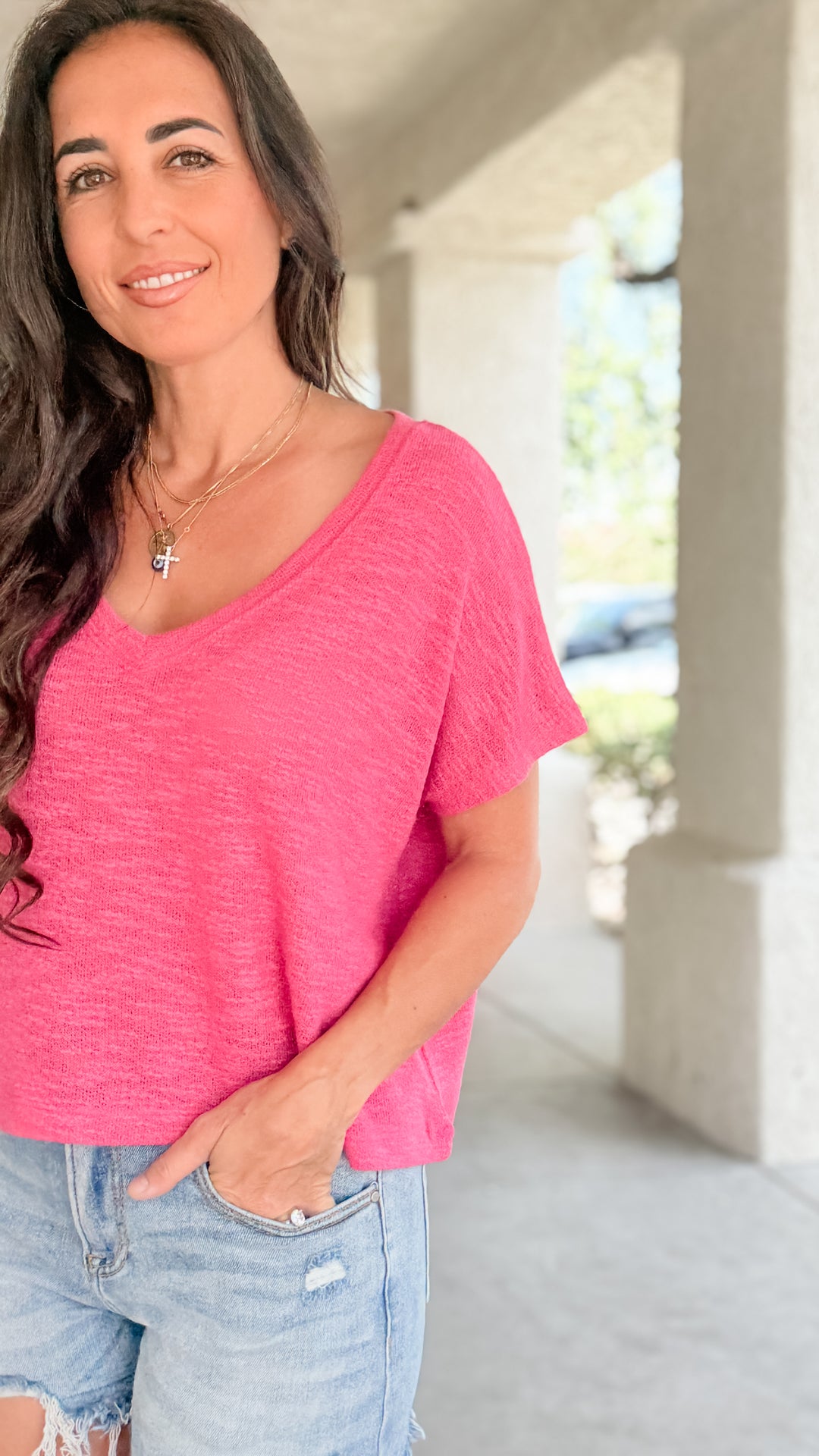 The Rylee V-Neck Light Knit Top - Hot Pink