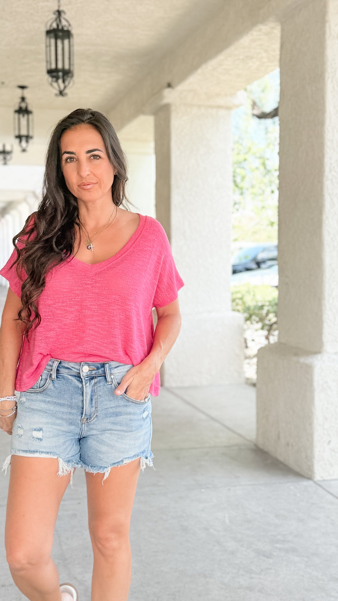 The Rylee V-Neck Light Knit Top - Hot Pink