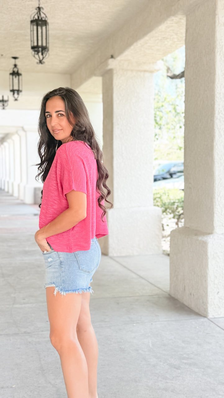 The Rylee V-Neck Light Knit Top - Hot Pink