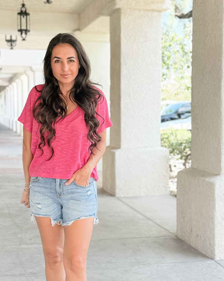The Rylee V-Neck Light Knit Top - Hot Pink