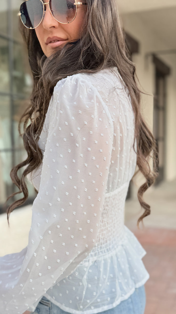 The Toni Swiss Dot Smocked Blouse