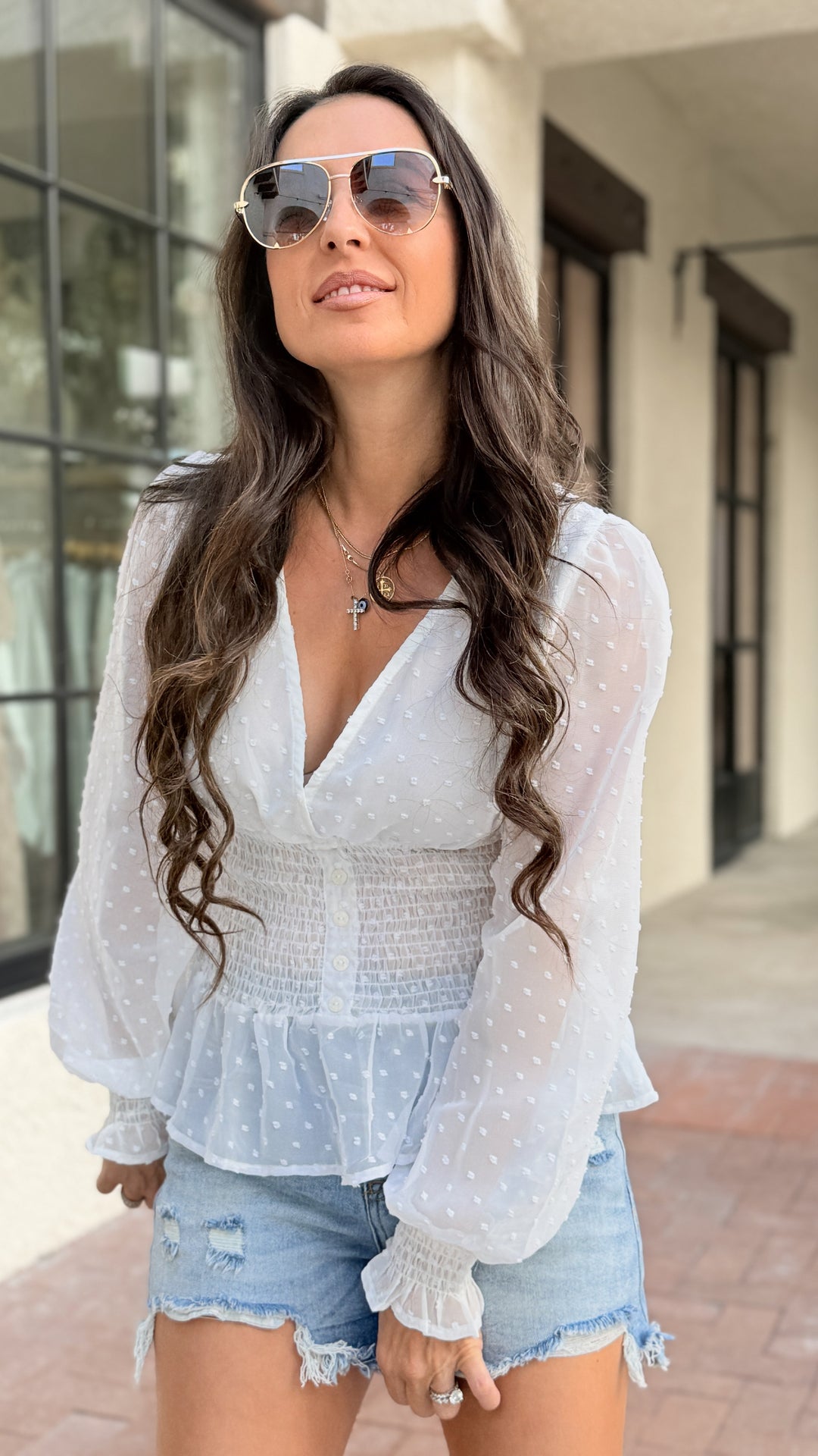 The Toni Swiss Dot Smocked Blouse