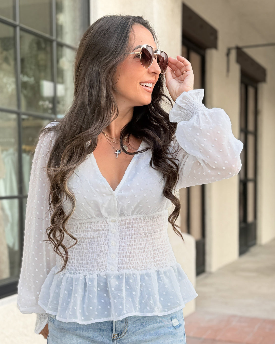 The Toni Swiss Dot Smocked Blouse