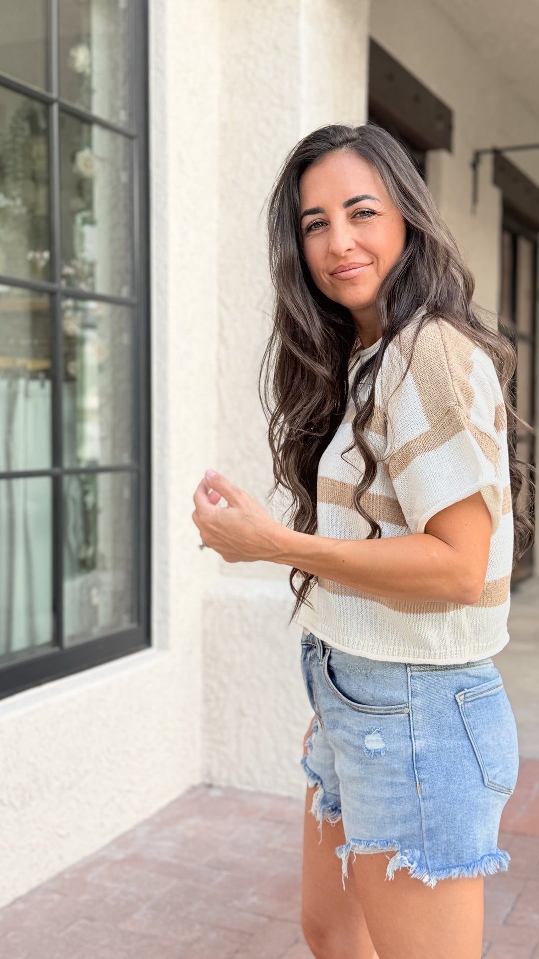The Striped Cropped Sweater Top - Taupe