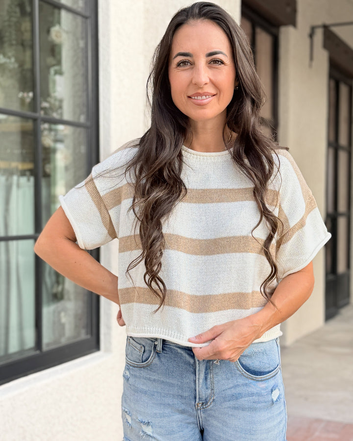 The Striped Cropped Sweater Top - Taupe