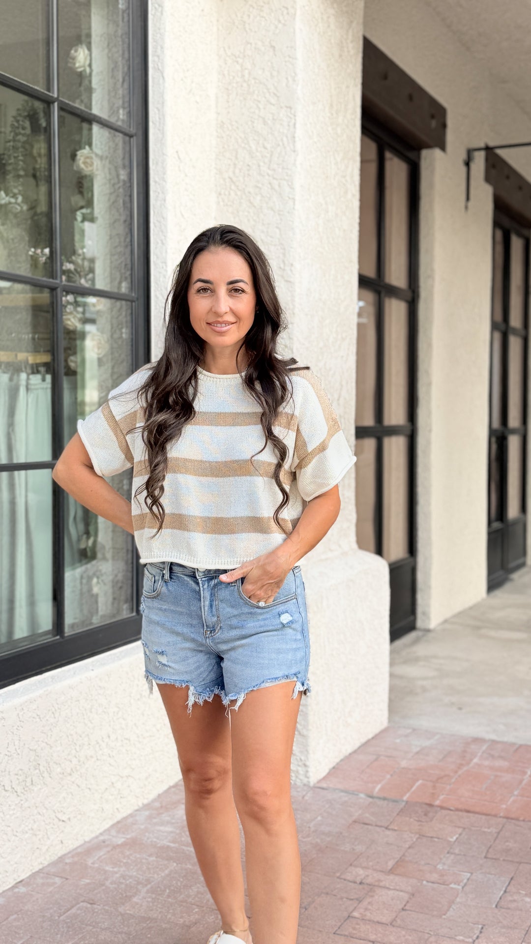 The Striped Cropped Sweater Top - Taupe