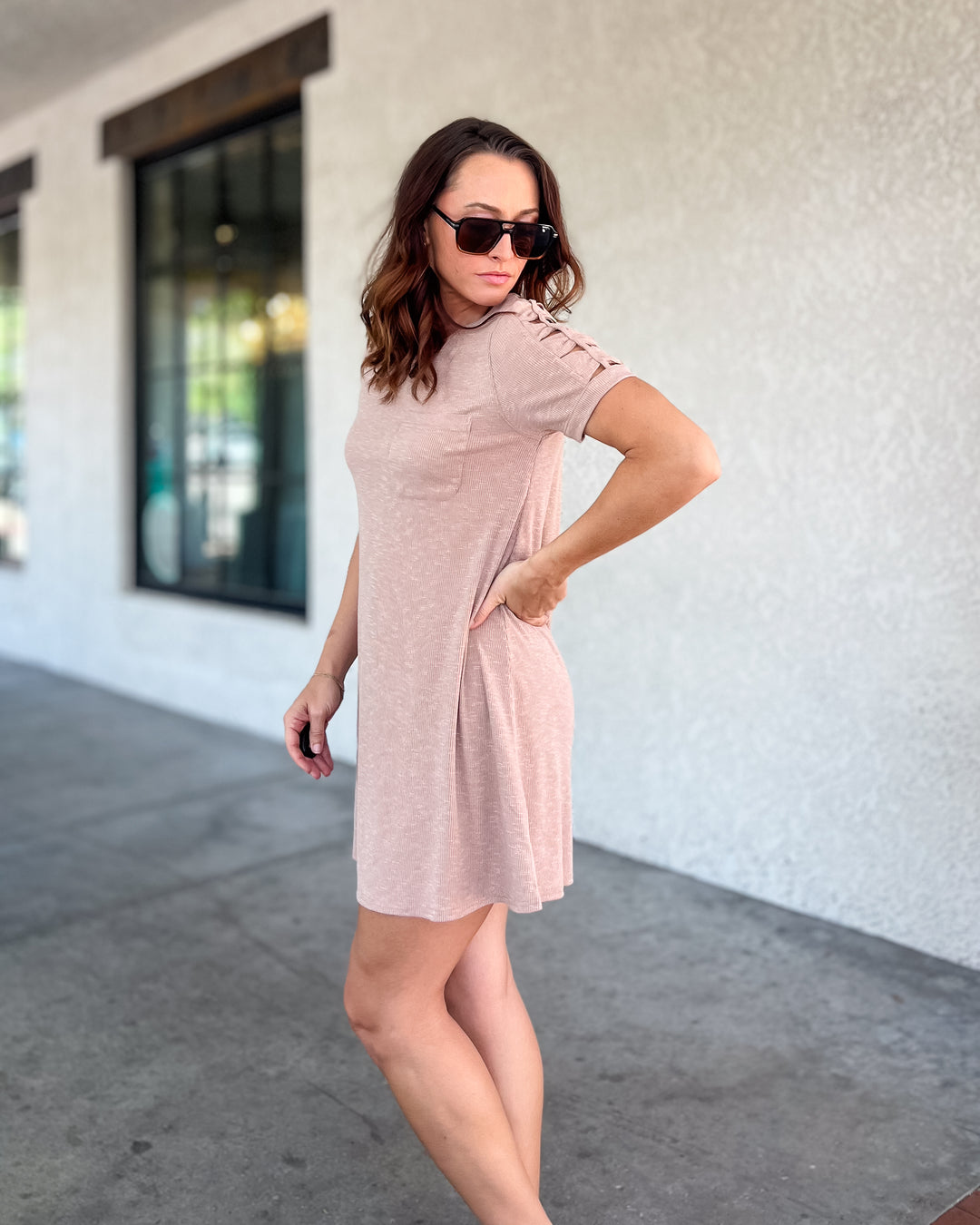 The Rory Cutout Sleeve Tee Dress - Taupe