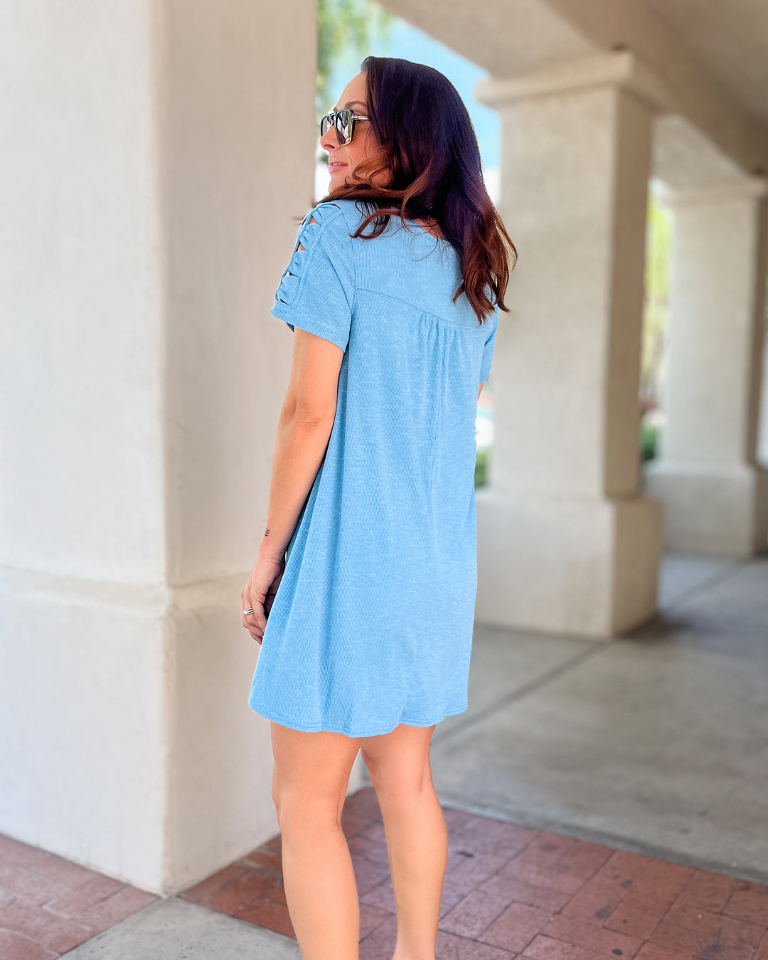 The Rory Cutout Sleeve Tee Dress - Blue