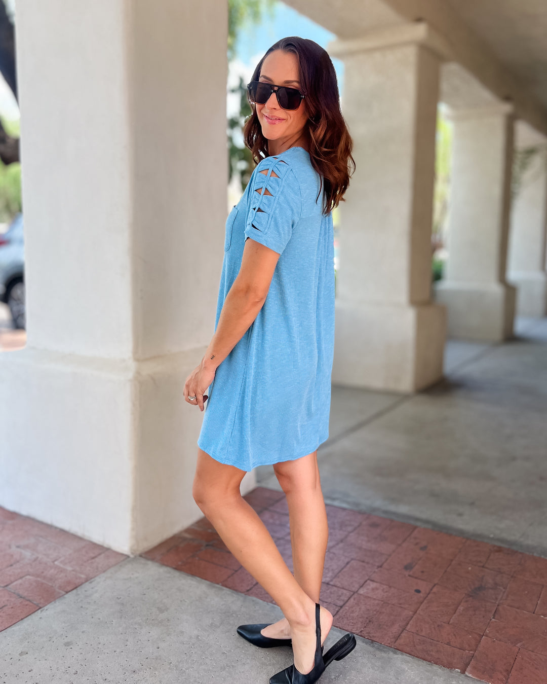 The Rory Cutout Sleeve Tee Dress - Blue
