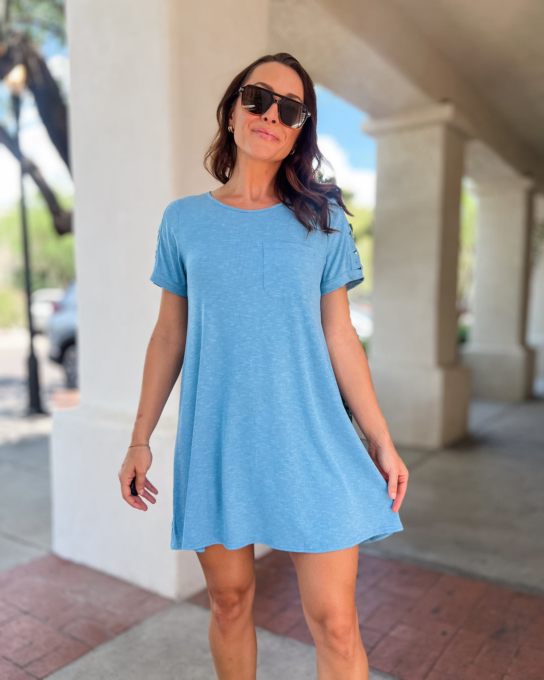 The Rory Cutout Sleeve Tee Dress - Blue