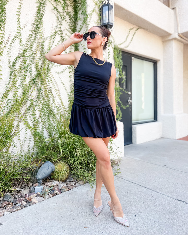The Pamela Ruched Bubble Dress - Black