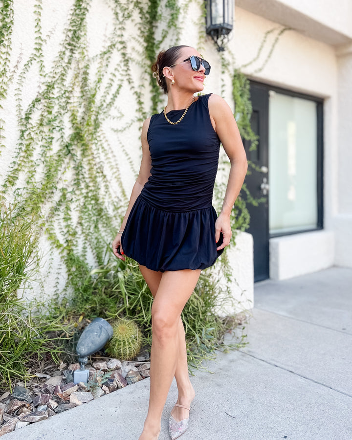 The Pamela Ruched Bubble Dress - Black