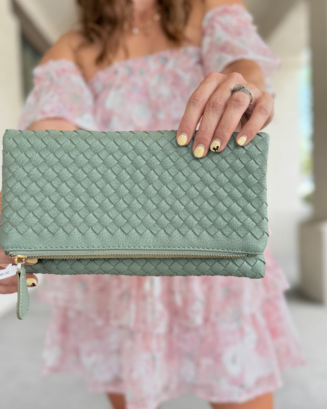The Vegan Leather Braided Texture Crossbody Clutch - Sage Green