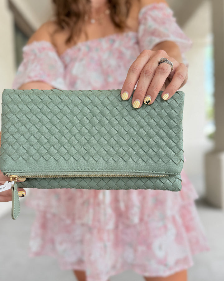 The Vegan Leather Braided Texture Crossbody Clutch - Sage Green