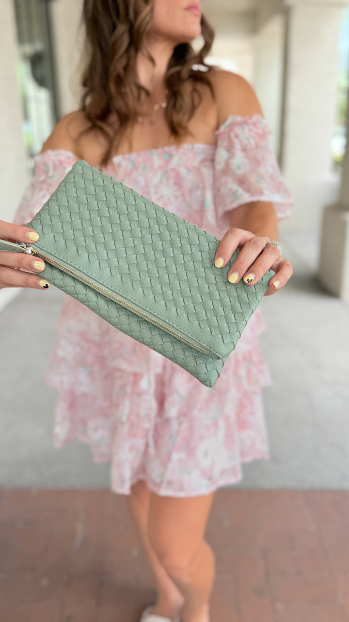The Vegan Leather Braided Texture Crossbody Clutch - Sage Green
