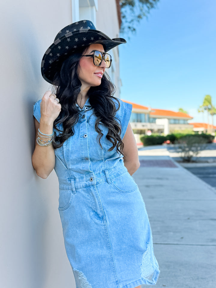 The Madison Sleeveless Denim Mini Dress
