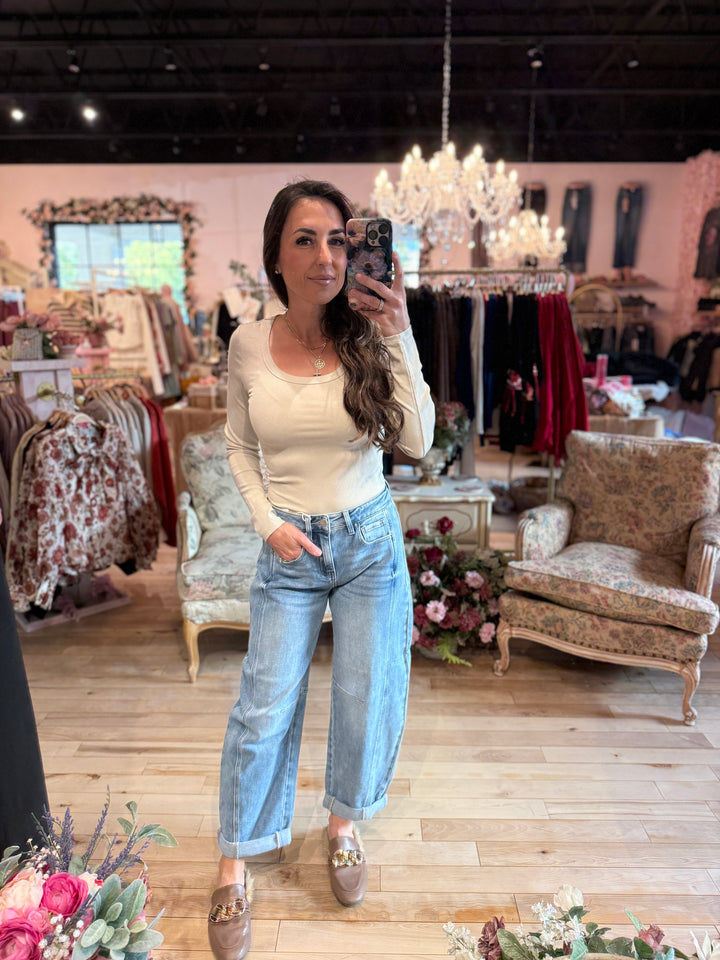High-Rise Boyfriend Cuffed Barrel Jean by Risen